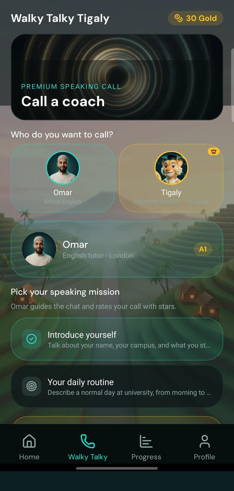 Tigaly’s Walky Talky speaking partner screen